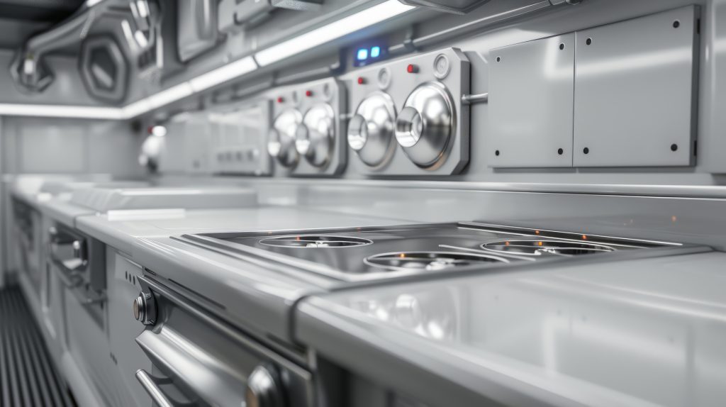 Close-up of stainless steel commercial cooking equipment and food preparation stations in a professional kitchen.