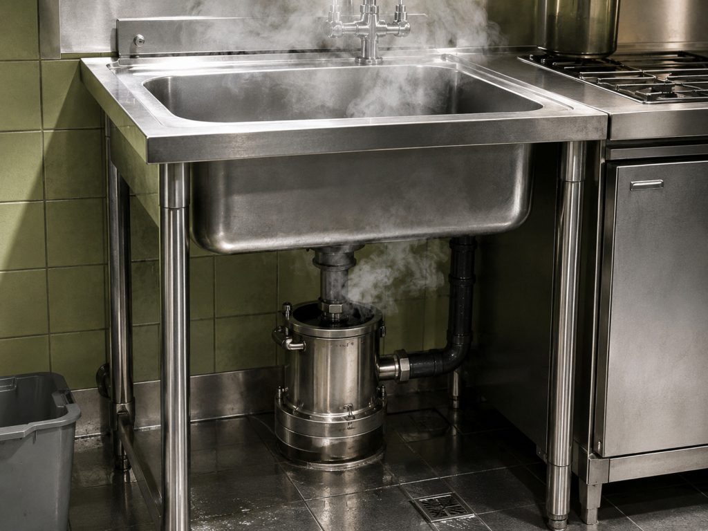 A commercial kitchen worker sanitizes a stainless steel countertop while wearing protective gloves.