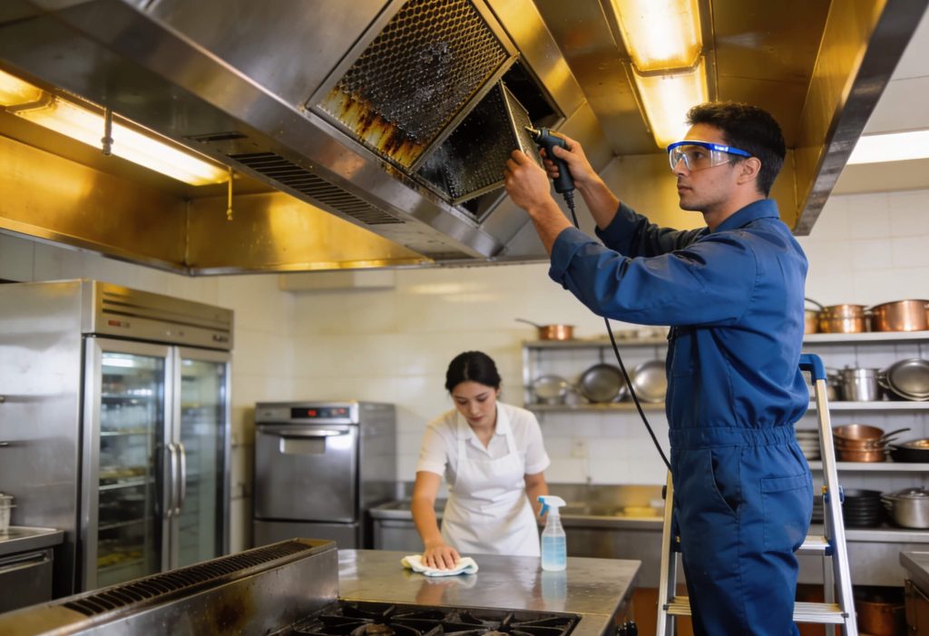 A technician inspects a commercial kitchen exhaust hood while restaurant staff work in the background.