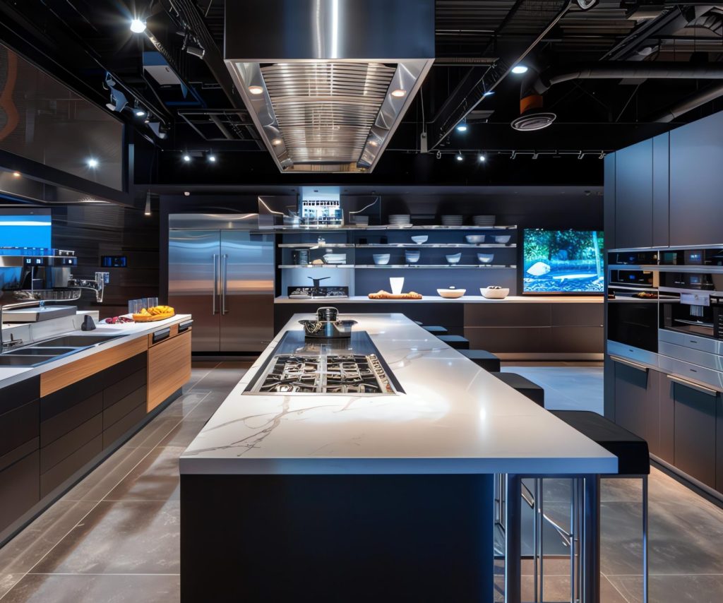 A spacious commercial test kitchen with modern appliances, prep islands, and stainless steel workstations.