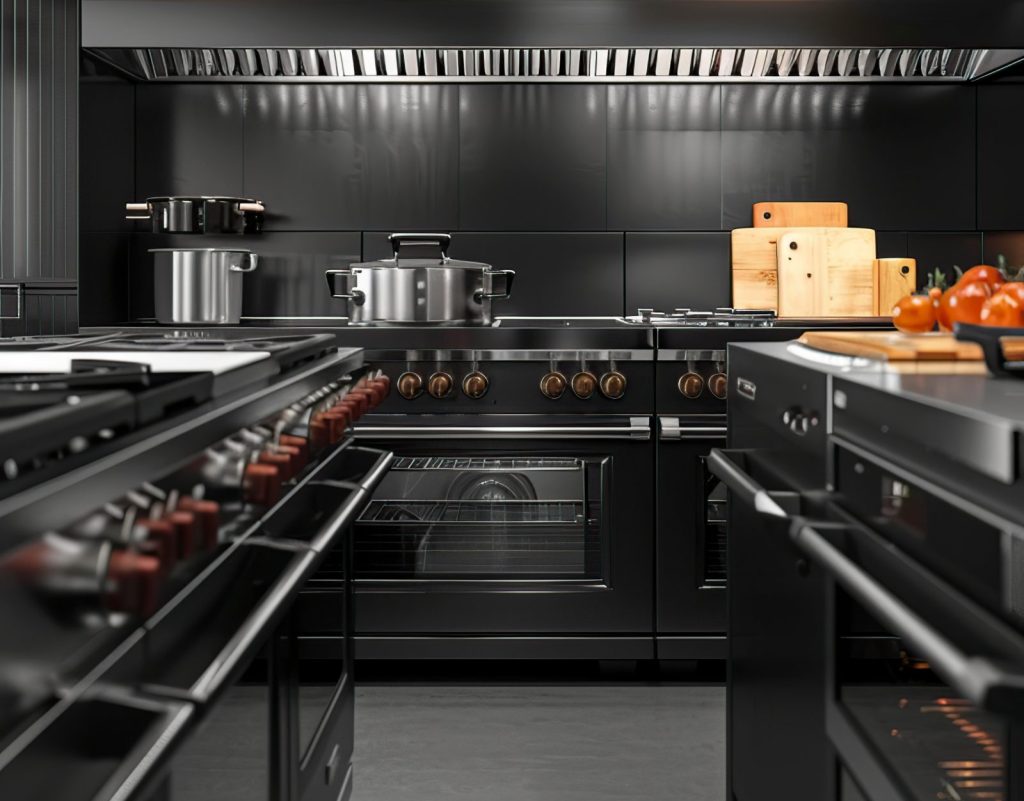 A contemporary commercial kitchen with stainless steel cooking equipment, prep stations, and ventilation hoods.