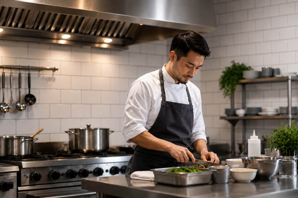 A chef chops fresh ingredients at a prep station in a modern commercial kitchen with professional cooking equipment.