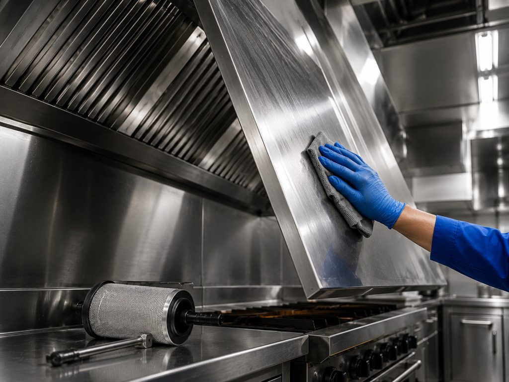 A technician wearing protective gloves cleans a commercial kitchen exhaust hood to maintain restaurant safety.