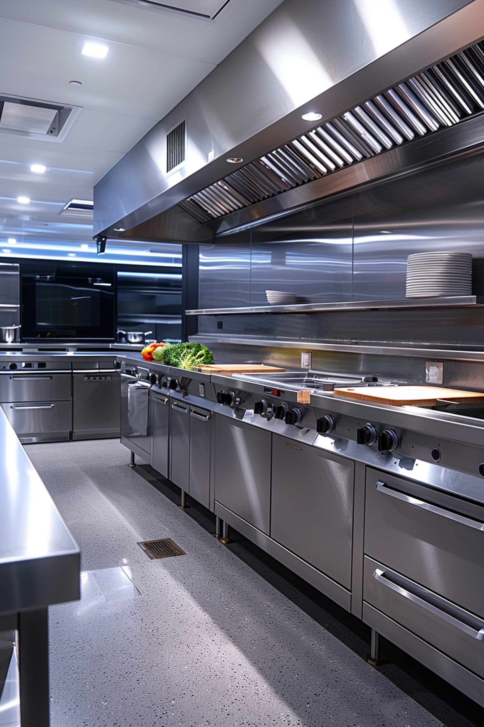 A clean commercial kitchen featuring stainless steel cooking equipment, ventilation hoods, and organized workstations.