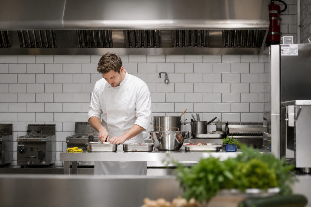 A chef prepares ingredients at a stainless steel workstation in a clean commercial kitchen.