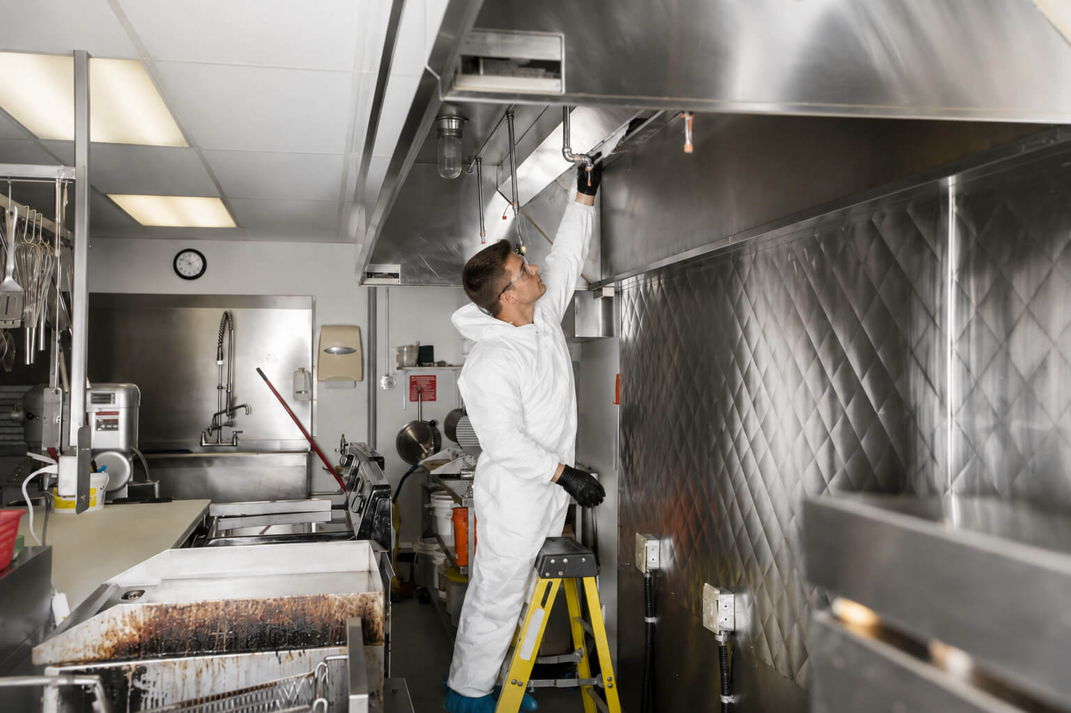 A man in white protective coveralls, gloves, and safety goggles stands on a yellow step ladder in a commercial kitchen, cleaning the underside of a large stainless-steel exhaust hood.