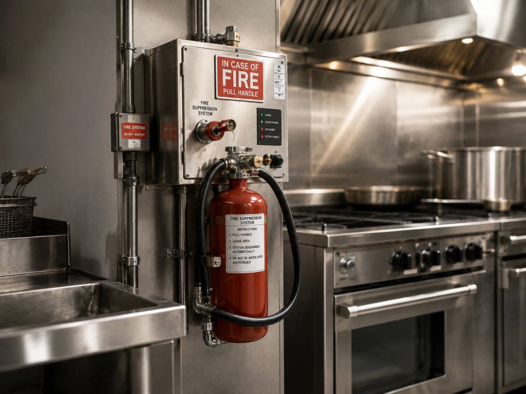 A red fire extinguisher is mounted beside stainless steel cooking equipment in a commercial kitchen.