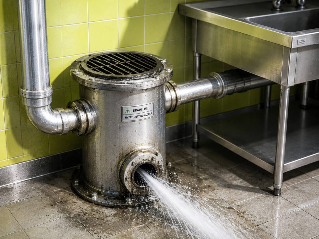 A commercial kitchen floor drain releases water from a metal drainage pipe beside a stainless steel sink.