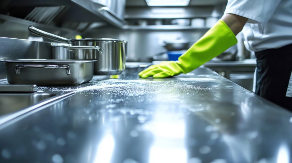 A commercial kitchen worker wearing bright green protective gloves sanitizes a stainless steel countertop beside cooking equipment during routine cleaning.