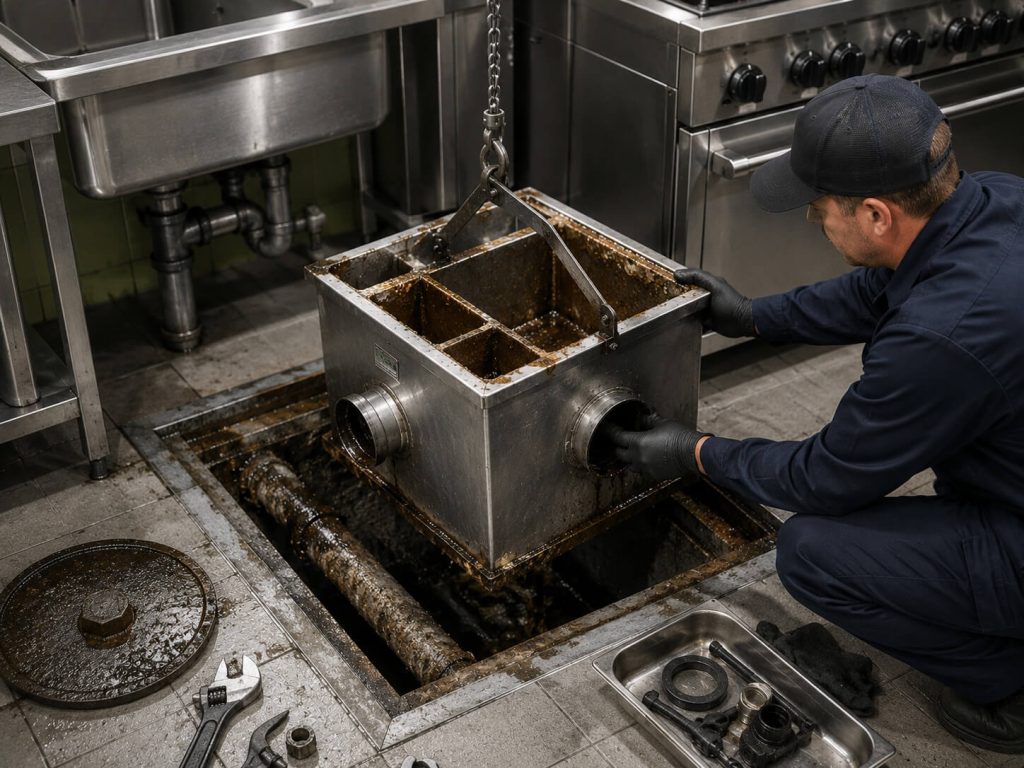 A worker cleans a commercial kitchen drain and grease trap beneath a stainless steel sink.