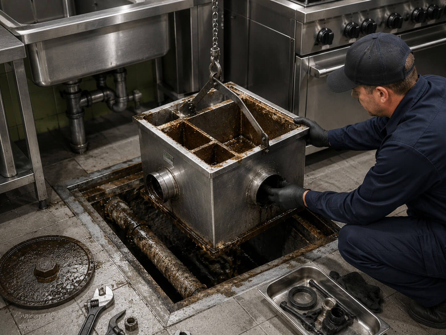 A worker cleans a commercial kitchen drain and grease trap beneath a stainless steel sink.