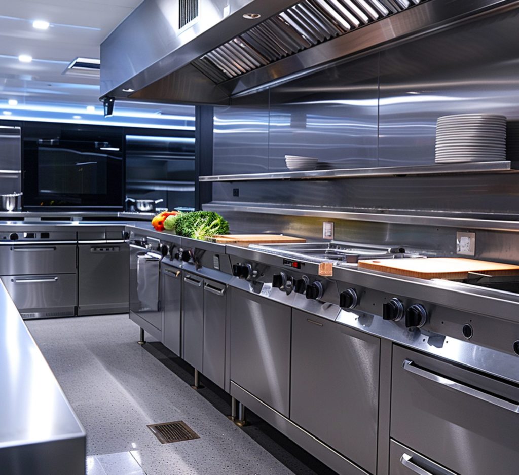 A spotless commercial kitchen with stainless steel equipment and clean flooring following professional maintenance services.