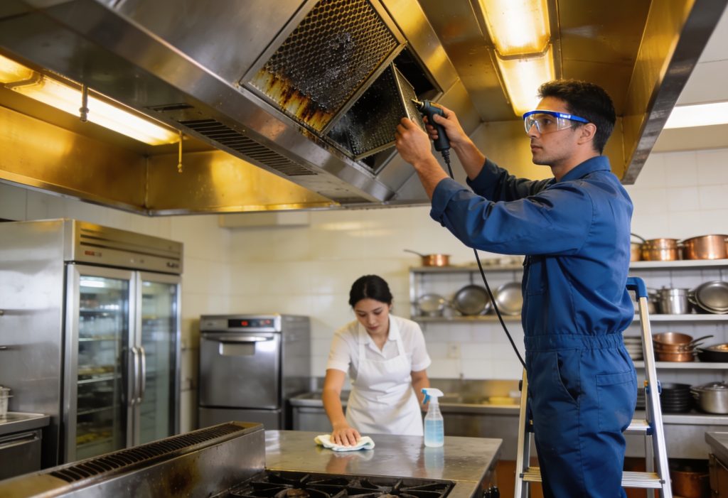 Technician cleaning a commercial kitchen exhaust hood