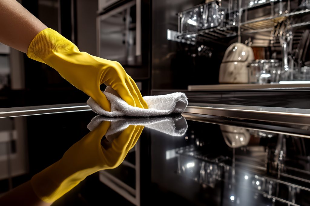 Person wiping a stainless steel surface with a cloth