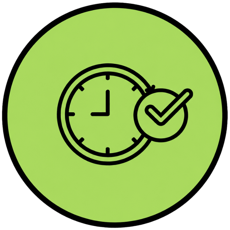 Green icon with clock and check mark