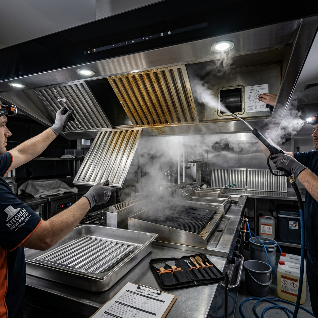 Technicians cleaning a commercial kitchen exhaust hood