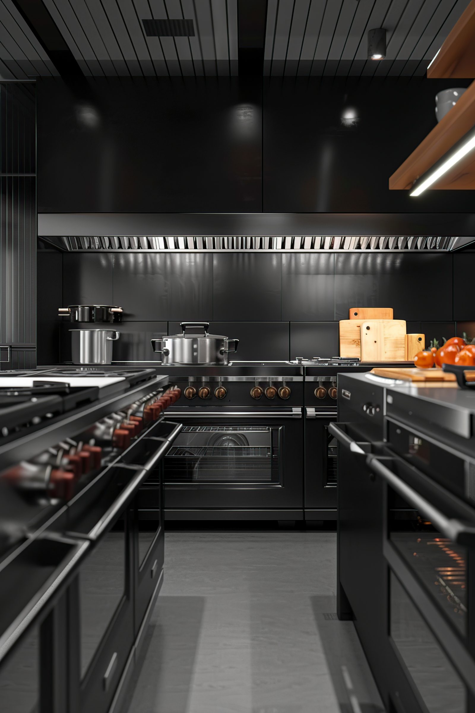 Clean commercial kitchen with stainless steel cooking equipment