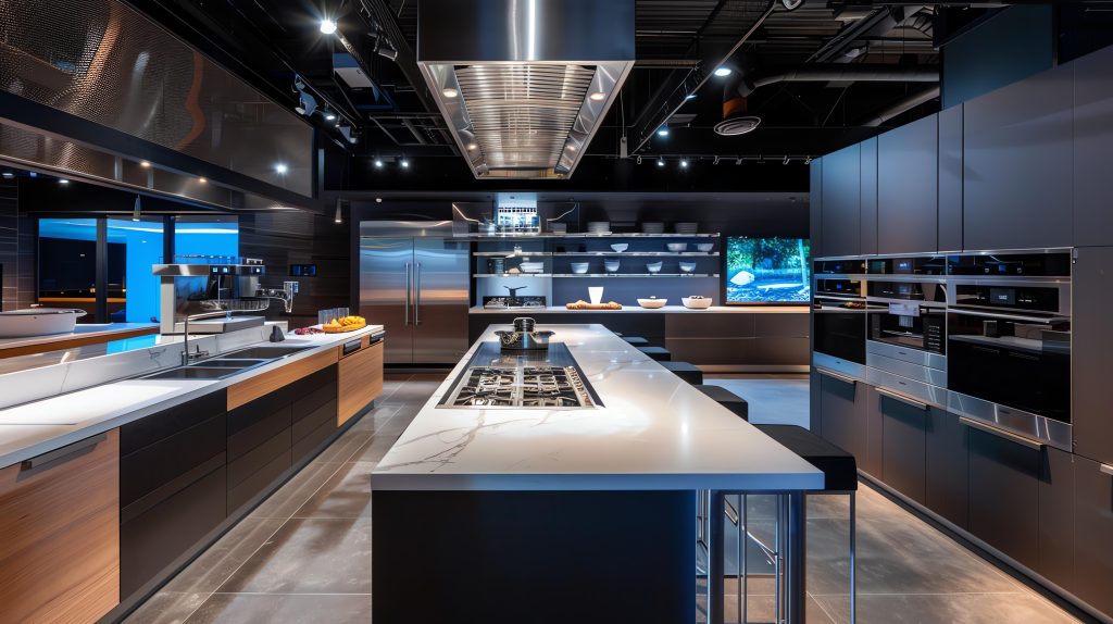 Modern commercial kitchen with stainless steel cooking equipment